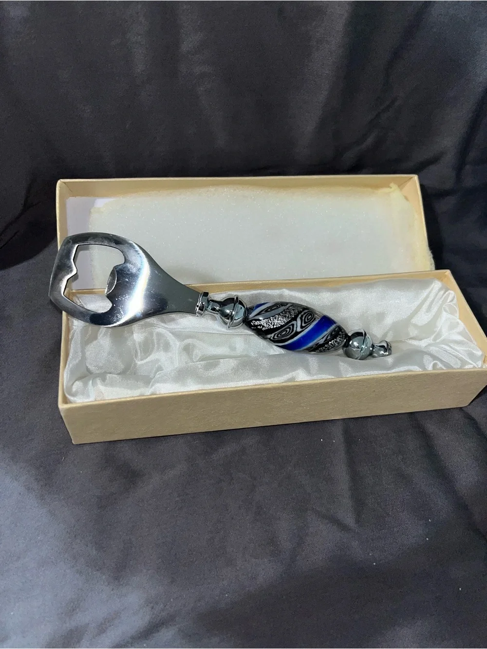 Murano Italy Art Glass Bottle Opener Blue Aventurine Hand Blown‎ w/ Box